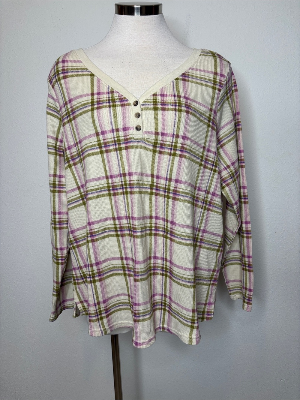 Terra & Sky Cream Plaid Henley with Olive & Pink Stripes